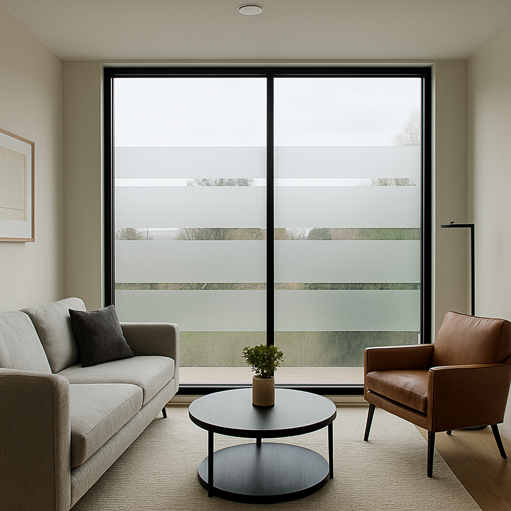 Modern living room with sleek window film installation
