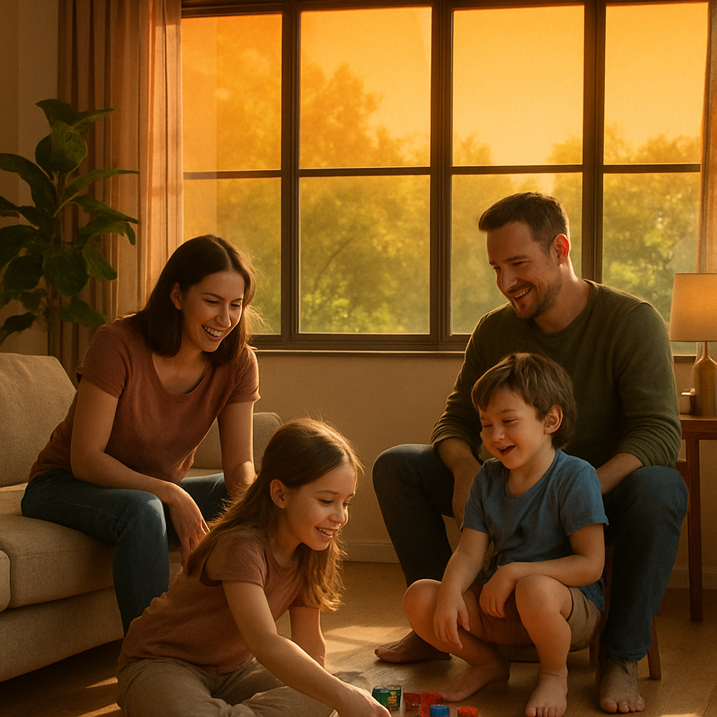 Family enjoying a sunlit room with tinted windows