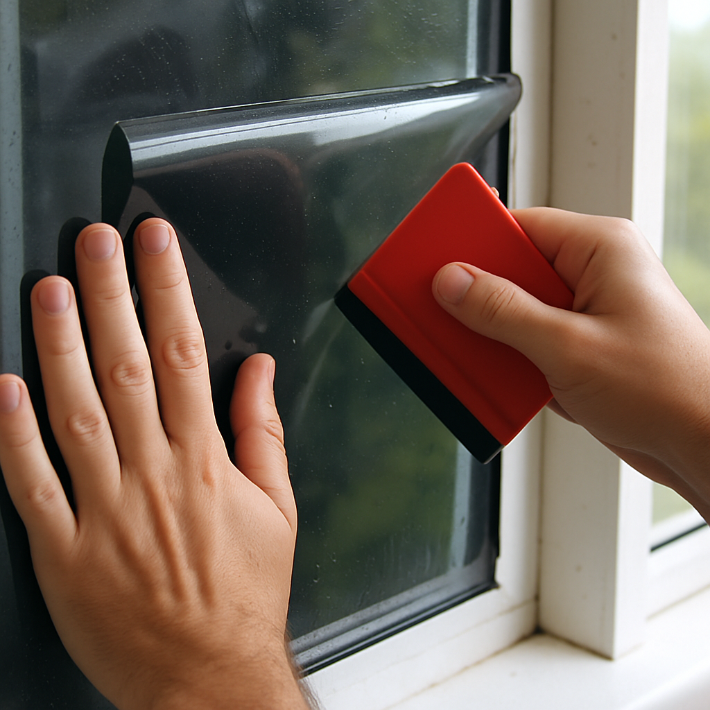 Close-up of window film application