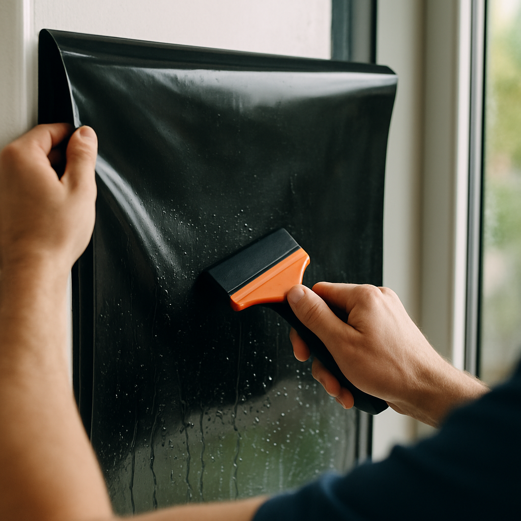 close-up of black window film installation
