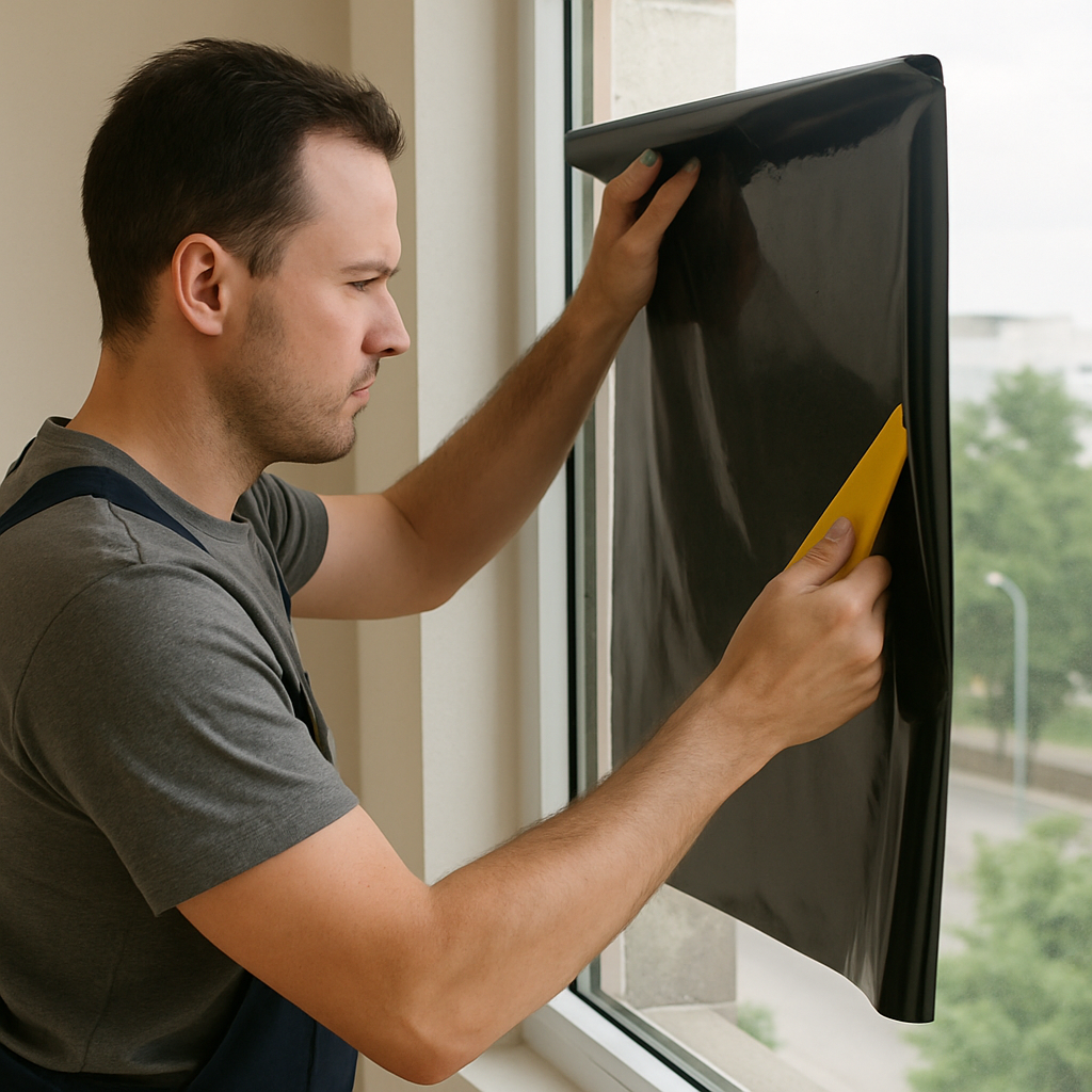 Professional installer applying window film